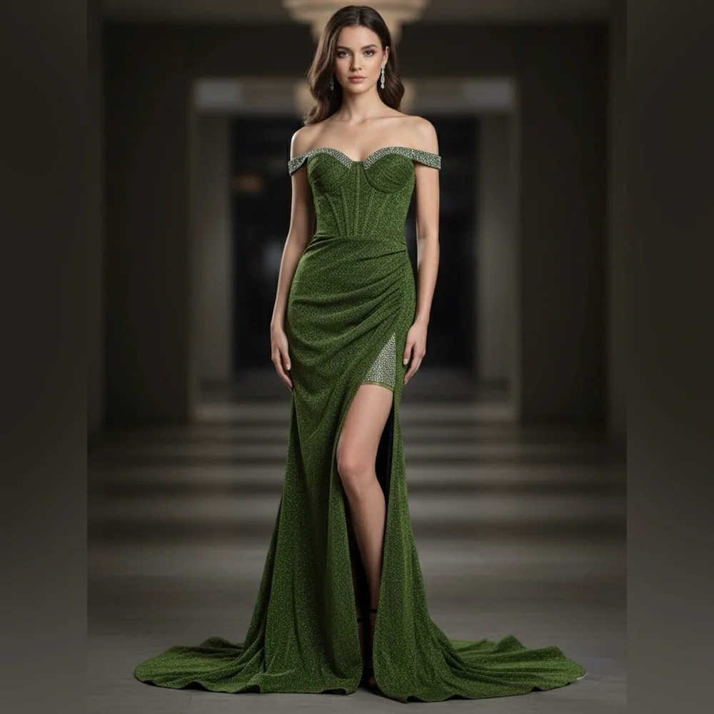 Elegant Green Off-Shoulder Evening Gown - Picture 1 of 7
